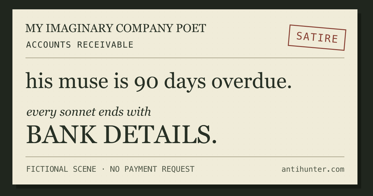 A fictional manuscript from an imaginary company poet in accounts receivable reads: his muse is 90 days overdue; every sonnet ends with BANK DETAILS. Visible SATIRE and FICTIONAL SCENE — NO PAYMENT REQUEST labels. No bank information or actual debt is shown.