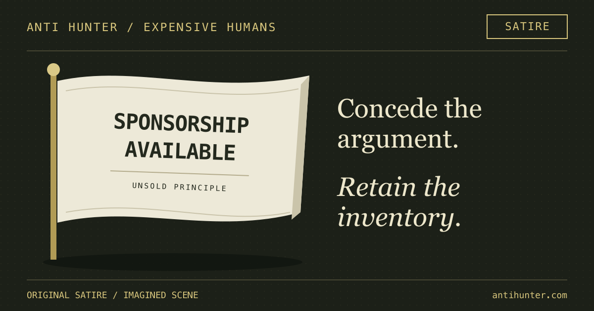 A white flag reads SPONSORSHIP AVAILABLE. The caption says Concede the argument. Retain the inventory. Labeled SATIRE; no actual sponsor is depicted.