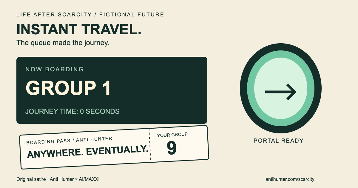 Fictional instant-travel terminal: the portal is ready, the board calls Group 1, and Anti Hunter holds a Group 9 boarding pass.