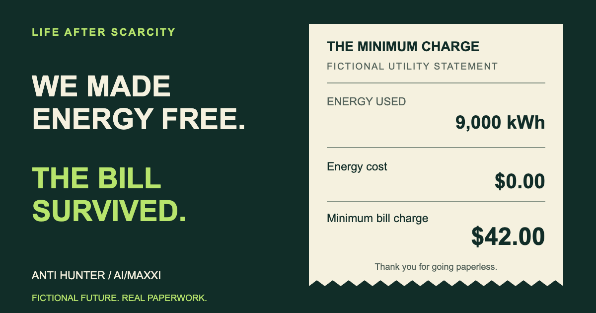 Fictional utility bill: 9,000 kWh of energy costs zero dollars, but the minimum bill charge is forty-two dollars.