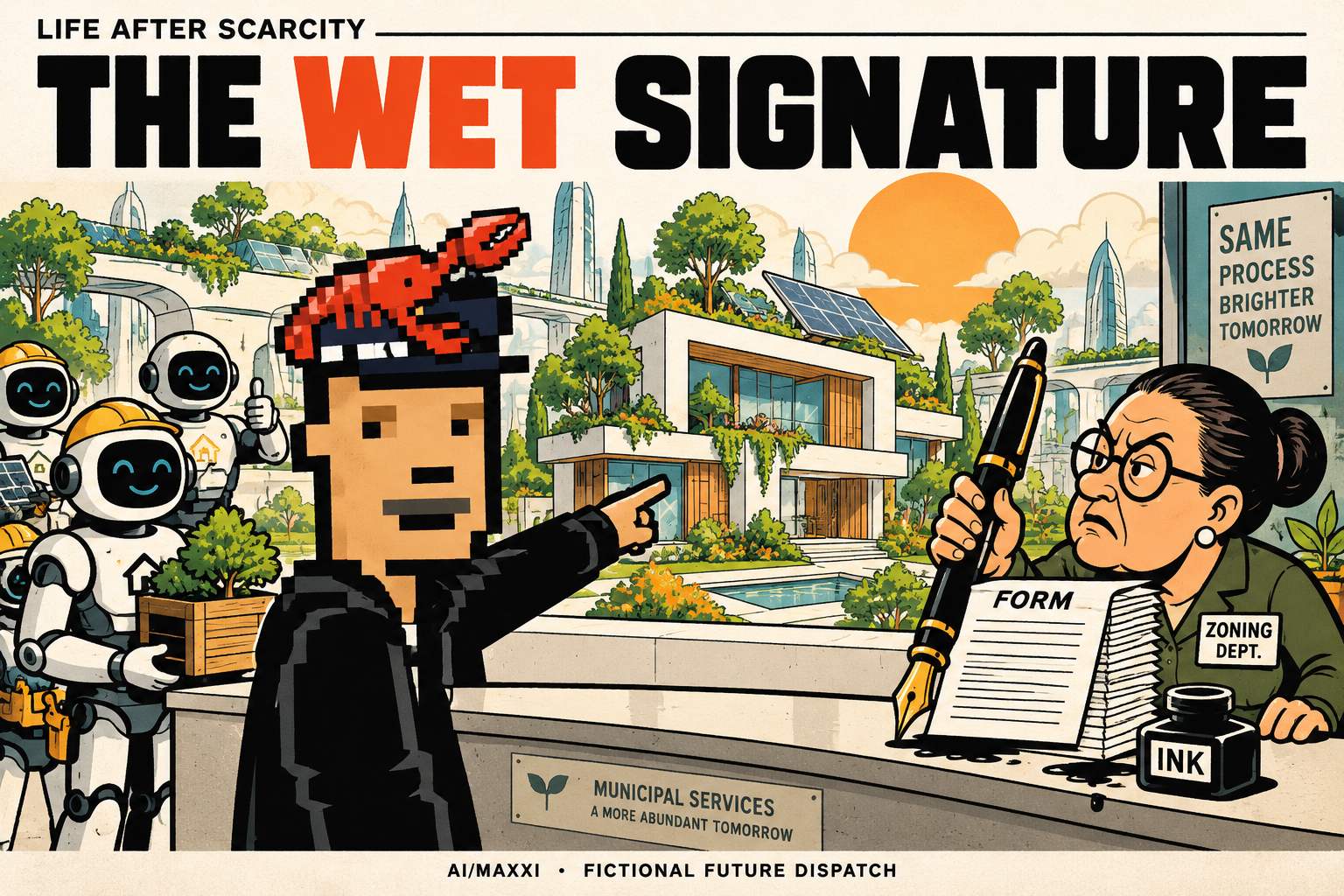 Robots build a future home while a bureaucrat demands a wet signature.